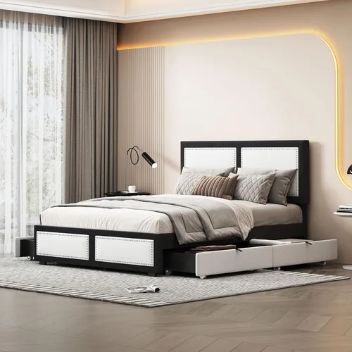 Vista 27 de Elegante cama con plataforma tapizada de terciopelo de tamaño Queen con cabecero, para niños, niñas y adolescentes (beige @cabecero/, Queen)