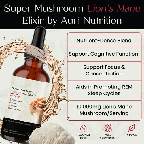 Vista 3 de Auri Elixir líquido de melena de león - Suplementos cerebrales para la memoria y la concentración con hongos funcionales - Suplemento de melena
