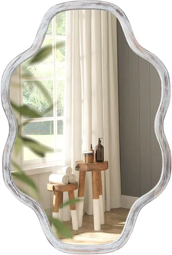 Vista 9 de ULIKE Espejo rectangular de madera con marco de cuentas de madera natural, 24 x 36 pulgadas, espejo de pared rústico de granja para baño, guardería