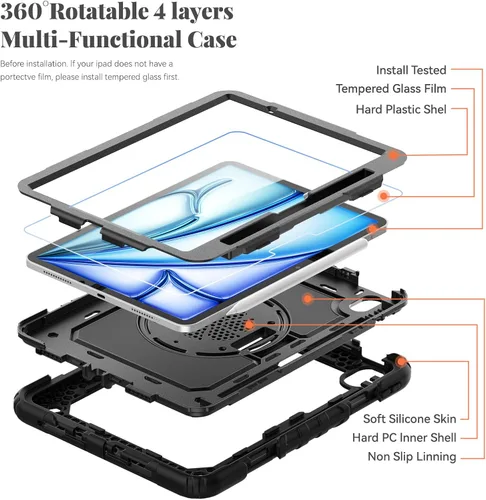 Vista 8 de BLOSOMEET Funda para iPad Air de 11 pulgadas M3 2025 y M2 2024 con protector de pantalla de vidrio templado y soporte para lápiz, funda para iPad