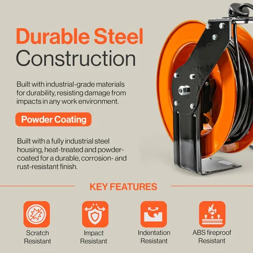 Vista 7 de SuperHandy - Carrete de cable de extensión retráctil 12 AWG x 80 pies, 3C SJTOW, cable de triple conector de toma, clasificación de potencia 125