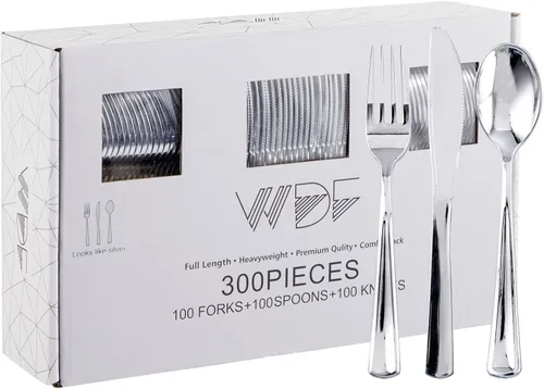 Vista 15 de WDF 360 cubiertos de plástico plateado, cubiertos desechables, cubiertos de plástico pesado, incluye 120 tenedores, 120 cucharas, 120 cuchillos