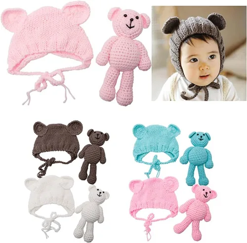 Vista 6 de Accesorios para fotografías de bebés recién nacidos, gorro de lana y muñecos de oso