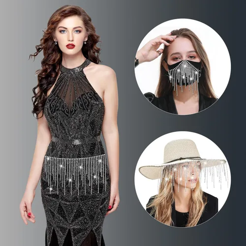 Vista 5 de ROADPLUM Flecos de diamantes de imitación con pegamento, borde de borla de diamantes de imitación, cadena de flecos de cristal de plata brillante