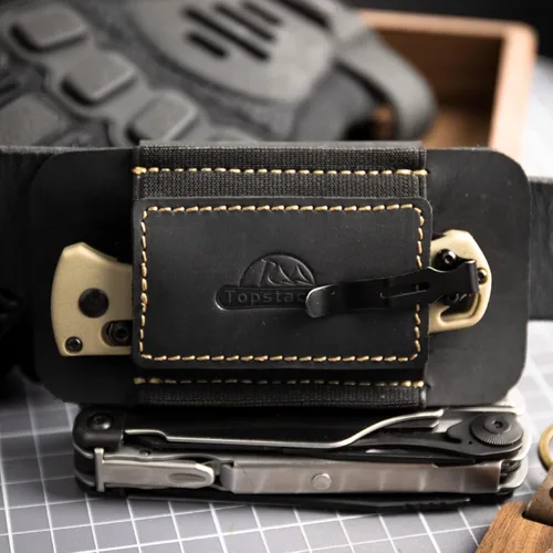 Vista 6 de Topstache Funda de cuero de transporte horizontal para cinturón, cuero natural con banda elástica EDC para cuchillos, organizador de bolsillo