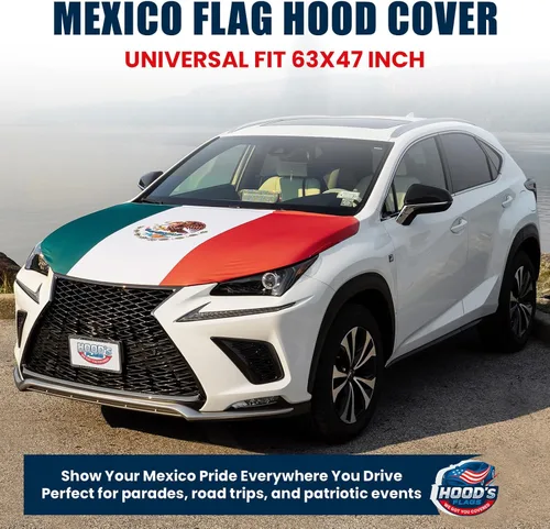 Vista 2 de Banderas de capucha: funda para capó de automóvil con bandera de México, 63 x 47 pulgadas, diseño de bandera mexicana, ajuste universal