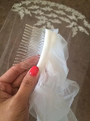 Vista 6 de MisShow Velo de novia de boda con borde de encaje blanco marfil con peine