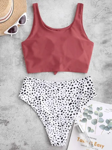 Vista 3 de ZAFUL - Traje de baño de dos piezas, cuello redondo, bikini, de cintura alta, para mujer