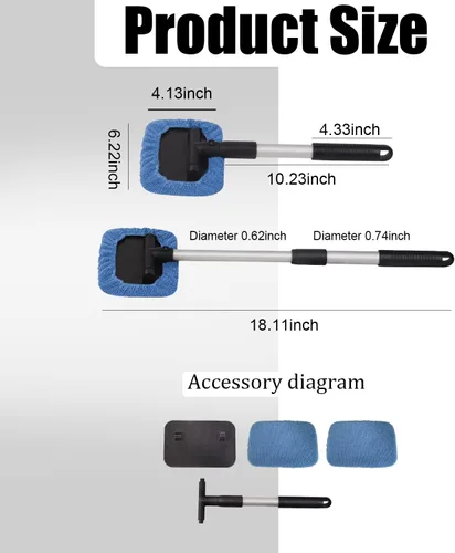 Vista 2 de Limpiavidrios, Herramienta de Limpieza de Parabrisas, Limpiador de Ventanas de Microfibra con Mango Extensible, Kit de Limpiavidrios para Auto azul