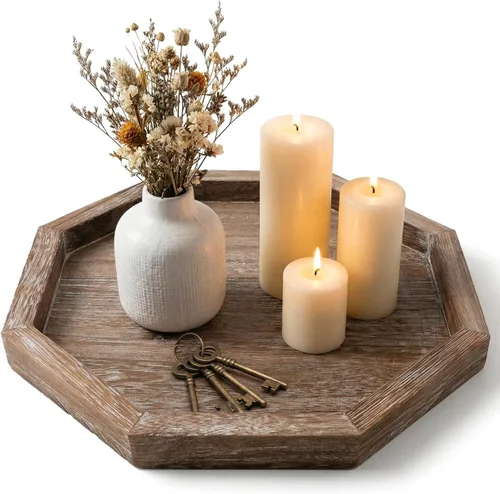 Vista 12 de Bandeja decorativa redonda para mesa de café, mesa de comedor, encimera, pequeñas bandejas de servir de madera, decoración de cocina de granja