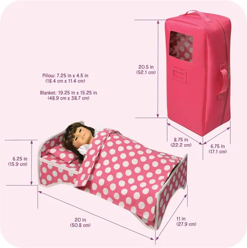 Vista 4 de Estuche de viaje para muñeca con cama y ropa de cama, color rosa oscuro, de Badger Basket (sirve para las muñecas de American Girl)