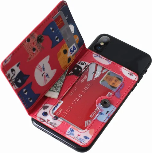 Vista 16 de CheapSunday Soporte para tarjetas de identificación para la parte posterior del teléfono, cartera de cuero para teléfono con soporte, billetera Beige