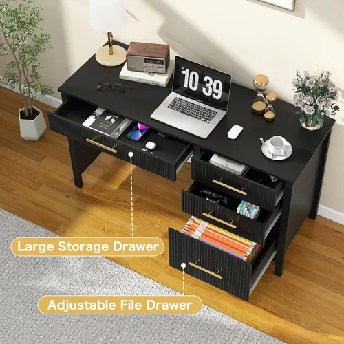 Vista 5 de Modern Executive Desk with Drawers: 54 Inch Black Home Office Desks with File Drawer, Wood Fluted Desk with Storage, Writing Computer Desks with 4