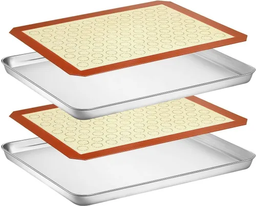Vista 8 de Wildone Wildone - Juego de 4 bandejas para hornear con alfombrilla de silicona, (2 hojas + 2 alfombrillas), bandeja para hornear galletas de acero