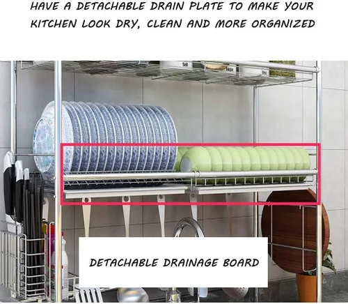 Vista 2 de Escurridor de 2 niveles con bandeja de goteo, escurridor de platos de acero inoxidable, escurridor de platos sobre el fregadero, fácil de montar