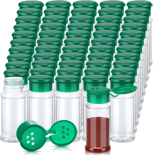 Vista 9 de Amyhill 100 botellas de plástico para especias, frascos de condimentos, tarros de plástico de 3.3 onzas/3.4 fl oz, mezclador de condimentos con negra