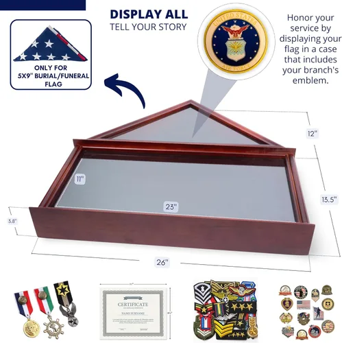 Vista 3 de DECOMIL - Marco de caja de sombra militar grande para bandera de 5 x 9 pulgadas, madera maciza con placa de nombre personalizada (ejército)