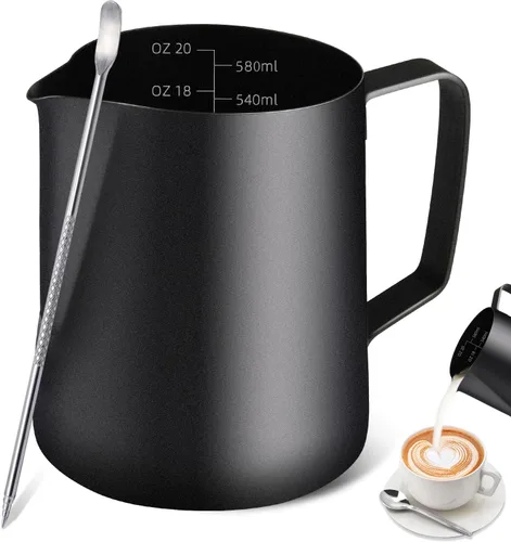 Vista 12 de Jarra para Espumar Leche, 12OZ/350ML Jarra de Vapor de Acero Inoxidable para Espresso Taza Espumadora de Leche para Café con Bolígrafo de Arte