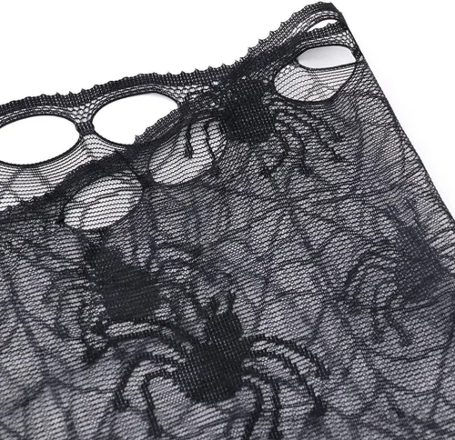 Vista 6 de VALICLUD 2 cortinas de encaje de Halloween para ventana, mantel de telaraña, diseño de murciélagos, cortina de puerta de encaje negro, pantalla