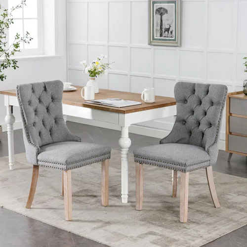 Vista 54 de Juego de 2 sillas de comedor modernas para sala de estar, cocina, patas de madera maciza, cojín acolchado de tela de lino, asiento y respaldo