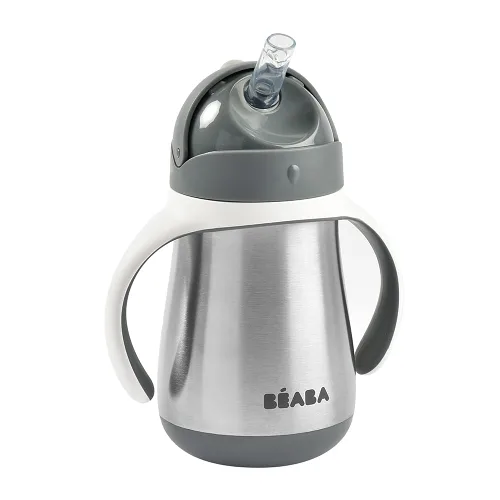 BEABA - Vaso para sorber con popote de acero inoxidable, vasos aislados a prueba de derrames con asas extraíbles, fabricado con acero inoxidable de