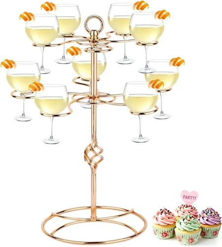 Vista 11 de QPIX DIGITAL Estante para copas de vino de 2 niveles y 10 soportes para copas de vino, soporte de torre de champán negro, soporte de mesa