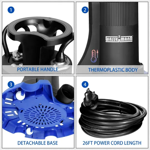 Vista 3 de WASSERMANN Bomba automática de cubierta de piscina, bomba sumergible de 1/3 HP 4200 GPH con válvula de retención y cable de alimentación de 26 pies