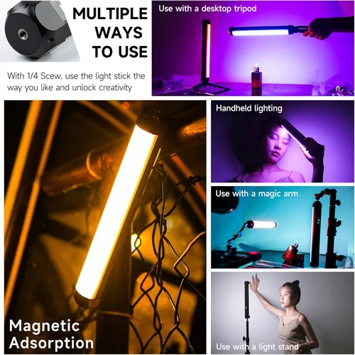 Vista 6 de Weeylite K21 RGB LED Stick Light, control magnético de aplicación LED de video varita con CRI 95+ 2500mAh recargable 2500-8500K luz de fotografía