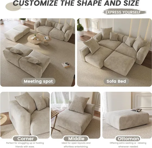 Vista 8 de WJShome Cloud Couch Sofá Seccional Modular, Sofá en Forma de L de 102 pulgadas con Otomana, Sofá de Pana Beige de 3 Asientos, Sofá Seccional