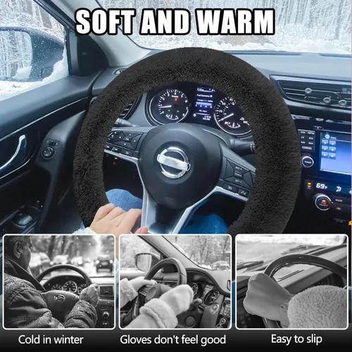Vista 4 de Wuyaoyao Funda mullida para volante de automóvil, protector suave de 15 pulgadas para el invierno cálido, fundas elásticas antideslizantes y Negro