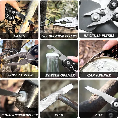 Vista 6 de RoverTac Alicates multiherramienta de bolsillo, navaja multiherramienta de 14 en 1 con sierra, abridor de botellas, cierre de seguridad, funda
