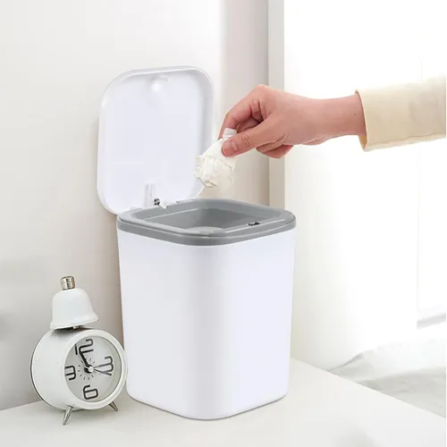 Vista 5 de Morcte Paquete de 1 bote de basura pequeño de 0.5 galones, mini bote de basura de escritorio con tapa de botón, color blanco