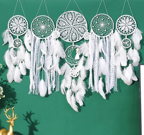 Vista 11 de Paquete de 5 atrapasueños para decoración de pared, diseño bohemio de luna y sol, hecho a mano, tradicional, atrapasueños, decoración para colgar