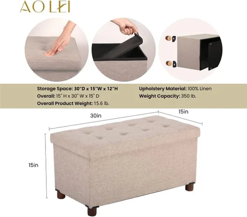 Vista 12 de Banco otomano de almacenamiento de 30 pulgadas, gris recto, moderno, estilo clásico, tela de lino, patas de madera de nogal