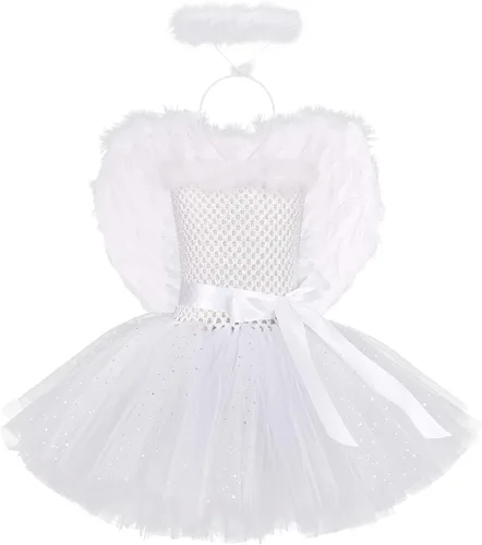 IWEMEK Disfraz de ángel para niñas pequeñas, disfraz de ángel blanco, tutú para cosplay, conjunto de 3 piezas con alas de ángel y halo de ángel,