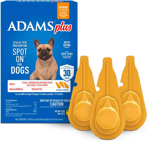 Adams Además de prevención de pulgas y garrapatas para perros de 15 a 30 libras, 12 semanas y mayores, suministro para 3 meses, mata pulgas, huevos