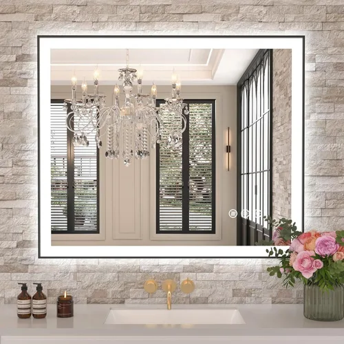 Vista 42 de Amorho Espejo de baño LED de 40 x 36 pulgadas con marco negro, luz frontal y retroiluminación (controlado por separado), regulable continuo