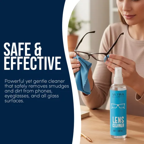 Vista 2 de Limpiador de lentes, botella de 1 onzas con spray y botella de recarga de 6 onzas, spray para lentes bio degradable, kit profesional de limpieza