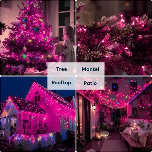 Vista 3 de JOIEDOMI Tira de luces rosas para interiores, luces de Navidad de 42.8 pies para exteriores, 200 (2 x 100) luces de hadas de alambre verde