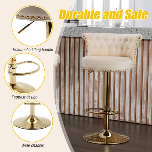 Vista 6 de Juego de 2 taburetes de bar giratorios de terciopelo de 360°, butacas ajustables para barra de cocina con respaldo de clavos, base dorada