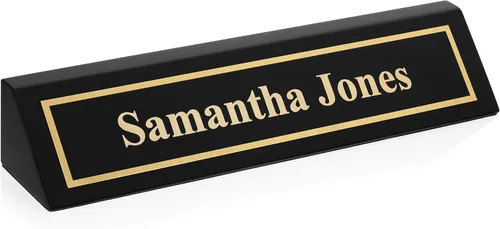 Vista 5 de Providence Engraving Placa de nombre de escritorio de madera personalizada para oficina con acabado de piano grabado con láser personalizado en Negro