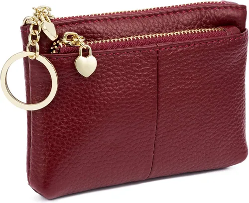 Vista 2 de ZOOEASS Mini monedero con cremallera de cuero genuino para mujer, con llavero con triple cremallera, tarjetero