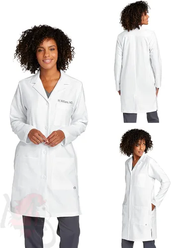 Vista 4 de Abrigo de laboratorio blanco bordado para mujer, WonderWink largo, añade un nombre, nombre empresarial, abrigo de laboratorio personalizado