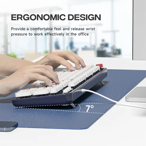 Vista 5 de Teclado de computadora con cable, teclado retro de máquina de escribir de tamaño completo con teclas redondas, teclado USB plug and play para PC