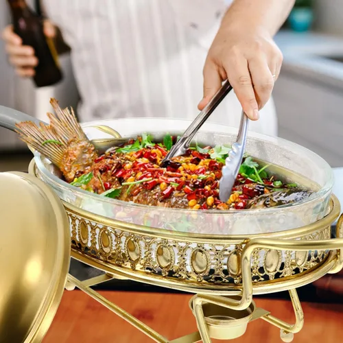Vista 7 de DOITOOL Juego de platos para bufé, platos dorados para bufé, 1.5L, acero inoxidable, catering, calentadores de alimentos para fiestas, bufé