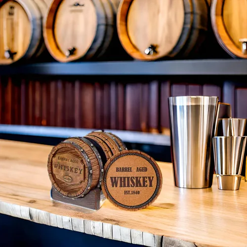 Vista 8 de Pine Ridge Juego de 5 posavasos de whisky envejecido 1840 con soporte, posavasos rústicos para mesa de whisky y sala de bourbon - Accesorios únicos