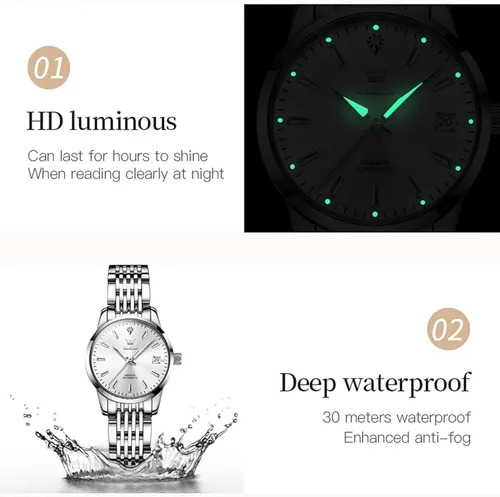 Vista 4 de OLEVS Relojes automáticos para mujer de acero inoxidable con diamantes mecánicos luminosos impermeables para mujer