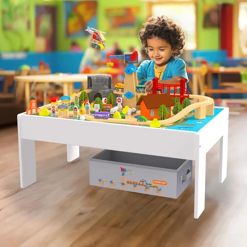 Vista 8 de Mesa de tren 2 en 1 y mesa de actividades de aprendizaje, 112 piezas, juego de tren de madera reversible, cubo de almacenamiento educativo