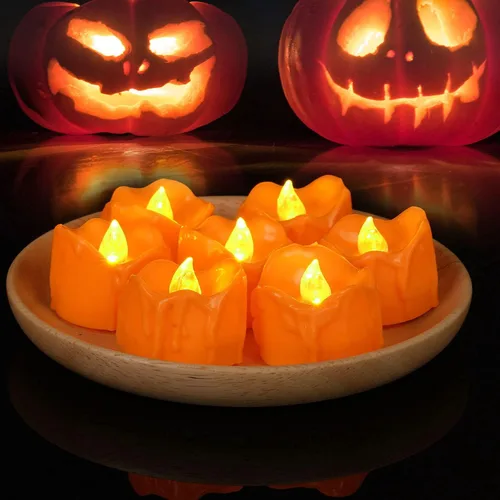 Vista 6 de Paquete de 12 velas de té naranja para Halloween, velas pequeñas que gotean, velas LED que funcionan con pilas, mini luces de calabaza con bombilla