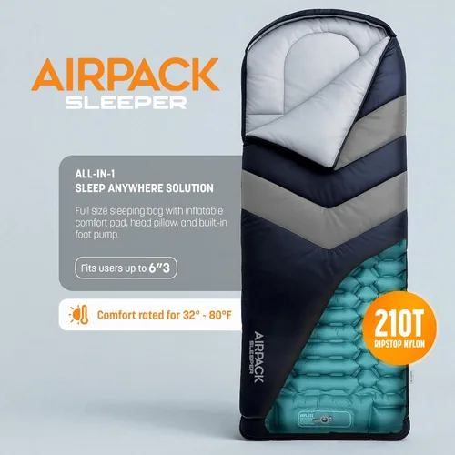 Vista 3 de Saco de dormir con almohadilla incorporada (AirPack Sleeper) – Colchoneta inflable todo en uno y almohada para acampar con bomba de pie incorporada